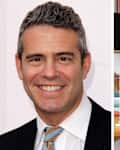 left: portrait of Andy Cohen; right: closeup of bed and bedside table with gingham bedding, candles, and a lamp