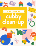 Colorful toys and objects surround a yellow banner reading "The Great Cubby Clean-Up."