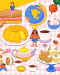 Assorted foods and characters on a checkered tablecloth, including sandwiches, fruit, desserts, and a globe.