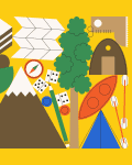 Illustration of camping items including a camera, popcorn, mountain, tree, kayak, tent, and compass on a yellow background.