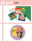 A graphic showcasing four toys for young neurodivergent kids: rainbow glitter play dough, a set of sensory mats, kid's noise cancelling headphones, and a making faces magnetic set.