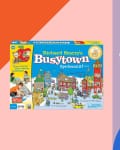 Graphic showing board game Busytown box and four of the character tiles