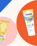 Baby Bum, Hello Bello, and Coppertone Sport Mineral sunscreens on colorful geometric background.
