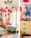 Brightly decorated children's bedroom featuring floral wallpaper, a canopy bed, colorful bedding, and playful decor items.