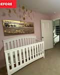 Nursery with a white crib, dresser, round mirror, pink walls, and gold moon decorations hanging from the ceiling.