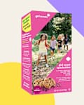 Box of Girl Scout Sparkables cookies featuring a colorful design, with children walking in a wooded area.