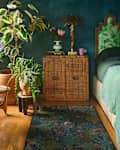 multicolored rug in blue and green bedroom