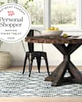 Wayfair dining table in room with seal in upper left that reads "Apartment Therapy Personal Shopper: Wayfair Dining Tables 2025