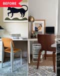 Four home office setups with different chairs, desks, and computer monitors, each with unique decor styles.