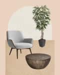 Gray armchair, round wooden coffee table, and tall potted plant on a textured beige background.