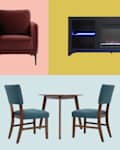 Burgundy armchair, black electric fireplace, teal dining set, and a striped decorative pouf on colorful backgrounds.