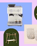 Espresso machine with two cups, bamboo tray with coffee and candle, two woven baskets, and a black container.