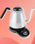 Stainless steel electric kettle with gooseneck spout and digital base on a pink gradient background.
