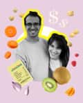 Smiling couple surrounded by fruits, vegetables, a grocery receipt, and dollar signs on a pastel background.