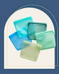 collection of stasher bags in blue and green hues