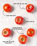 Five tomatoes with labels: stem-side up, stem-side down, with tape, in refrigerator, and in closed container.