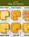 Six glass dishes of mac and cheese labeled: Smitten Kitchen, Trisha Yearwood, Ina Garten, Nigella Lawson, Carla Hall, Patti Labelle.