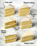 Six slices of vanilla cake with frosting, each labeled with different recipe sources: Stella Parks, Magnolia Bakery, RecipeTin Eats, Martha Stewart, Divas Can Cook, Cupcake Project.
