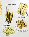 overhead labeled shot of all the methods of cooking zucchini on a marble surface.