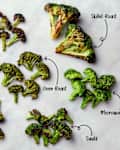 overhead labeled shot of broccoli cooked in seven different methods on a marble surface