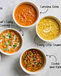 6 bowls of different lentil soup recipes labeled on a marble surface