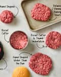 Raw ground beef patties on a marble surface shaped using different methods