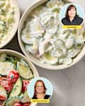 Three bowls of cucumber salads: one with diced cucumbers in a creamy dressing, one with sliced cucumbers and red onions, and one with cucumbers and cherry tomatoes. Over each bowl is a headshot of Joanna Gaines, Ina Garten, and Ree Drummond respectively.