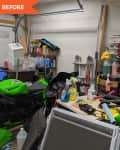 A messy and cluttered garage filled with hardware, cleaning supplies, plastic bins, and more