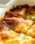 Cowboy lasagna in baking dish.