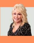Headshot of Dolly Parton on a colorful background