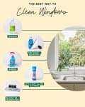 Vinegar, dish soap, Windex, Sprayway, and black tea for window cleaning, with a kitchen sink and window view.