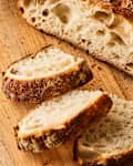 Sourdough loaf sliced in half and then into slices