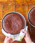 2 baked cake layers in their tins