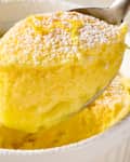 overhead shot of lemon pudding cake in a dish