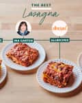 Four lasagna slices on plates labeled Giada De Laurentiis, Ina Garten, Allrecipes, and Martha Stewart.