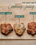 Five pork chops on parchment paper labeled: brined and baked, instant pot, air fryer, slow cooker, pan fried.