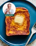 French toast with butter on a blue plate, featuring a chef's portrait in the corner.