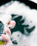 A person squeezes out water from a wet sponge after cleaning a pan