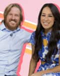 Man in a light blue shirt and woman in a blue floral dress smiling against a pink striped background.