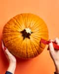 Hands carving a pumpkin with a red knife on an orange background.