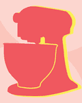 Illustration of a red stand mixer with a yellow outline on a pink background.