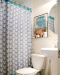 Bathroom with patterned shower curtain, white toilet, pedestal sink, blue trash bin, and Austin City Limits poster.