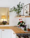 Kitchen with wooden countertops, potted plants, and a view into a cozy living room with a lamp and TV.