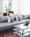 Gray sectional sofa with striped pillows, glass coffee table, and red patterned rug in a bright living room with plants.