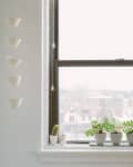 Potted plants on a windowsill with a view of a cityscape and hanging white bowls on the left.