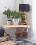 Cozy living room corner with plants on a round table, a large mirror, patterned chair, and a plush sofa.