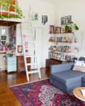 Cozy living room with loft bed, ladder, gray sectional sofa, colorful rug, bookshelves, and plants.