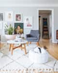 Living room with gray armchair, beige sofa, white rug, wall art, and a cat on a pouf.