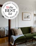 Green sofa in living area with Best List seal in left corner.