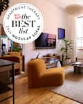 Bronze colored sofas in living room with Best List seal to the left.